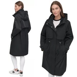 NEW DKNY Women's Hooded Zip-Front Long‎ Anorak Coat in Black - Women's Size XS